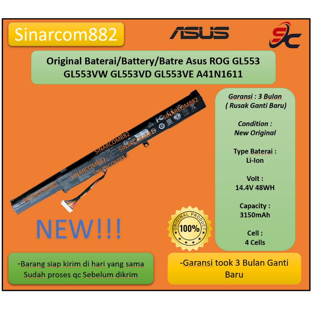 Original Baterai/Battery/Batre Asus ROG GL553 GL553VW GL553VD GL553VE A41N1611
