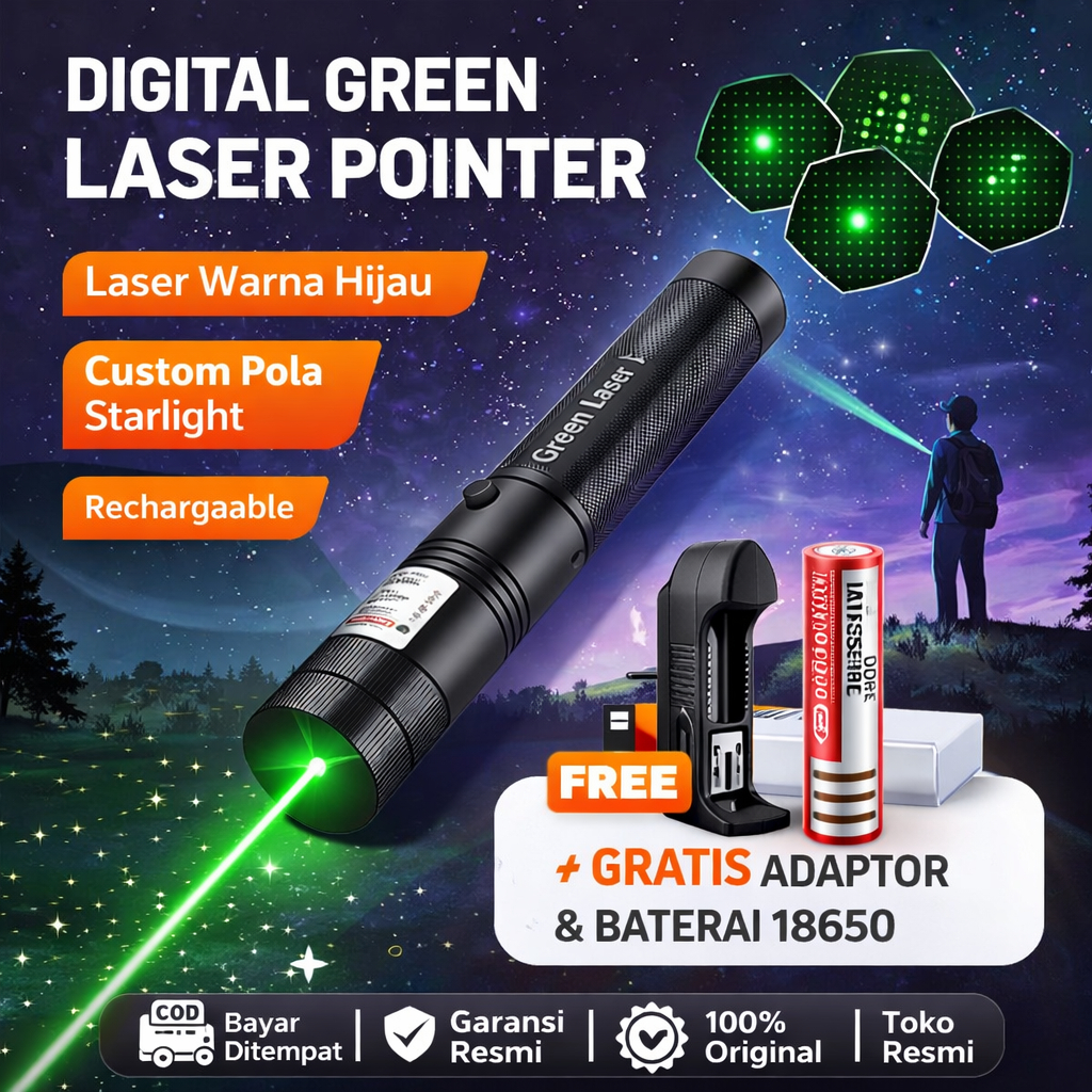FULL SET - GREEN LASER POINTER 303 RECHARGEABLE - LASER HIJAU POINTER PRESENTASI BATERAI 18650