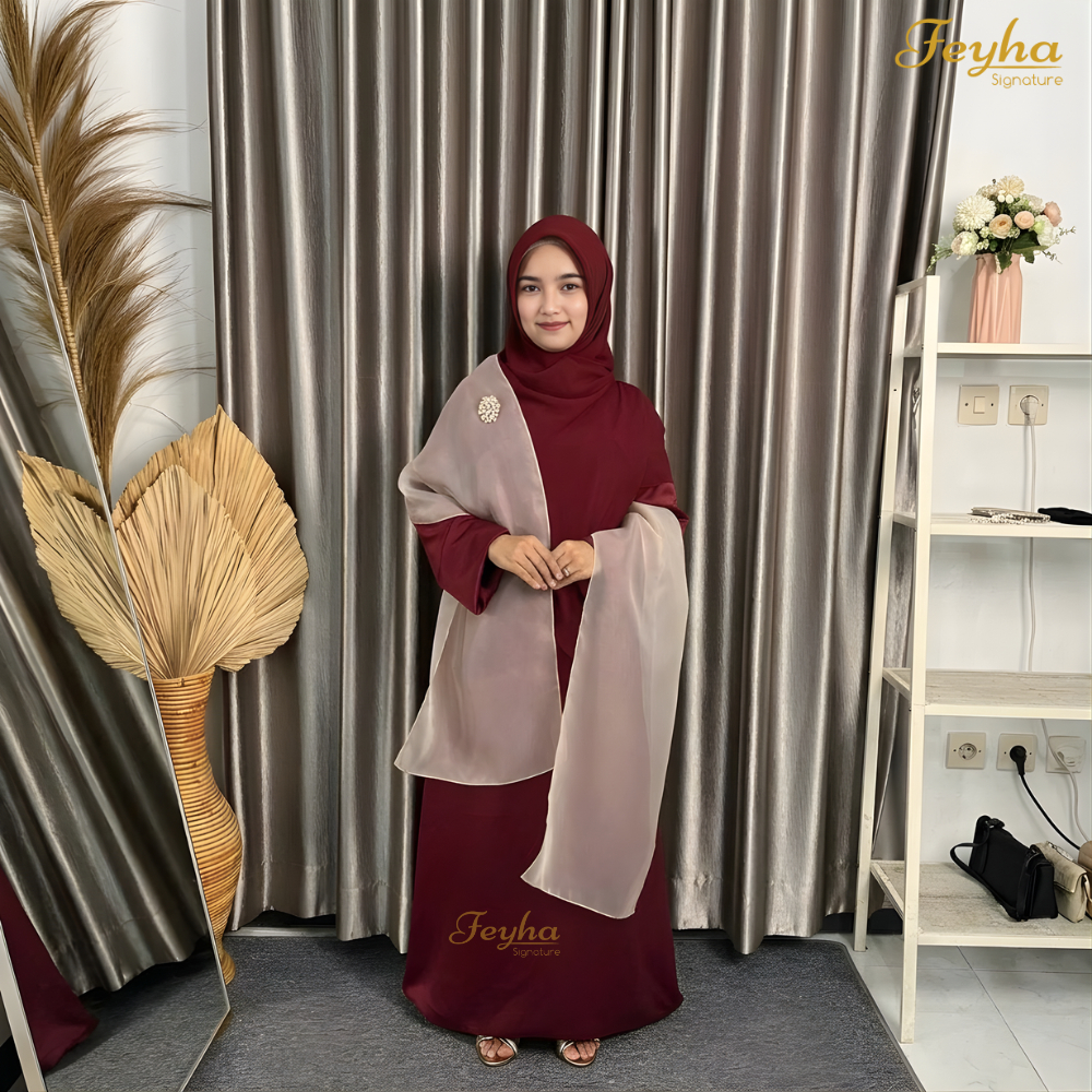 Feyha Baju Gaun Kondangan Muslimah Selendang Veil Organza Dress Melayu Glossy Mewah