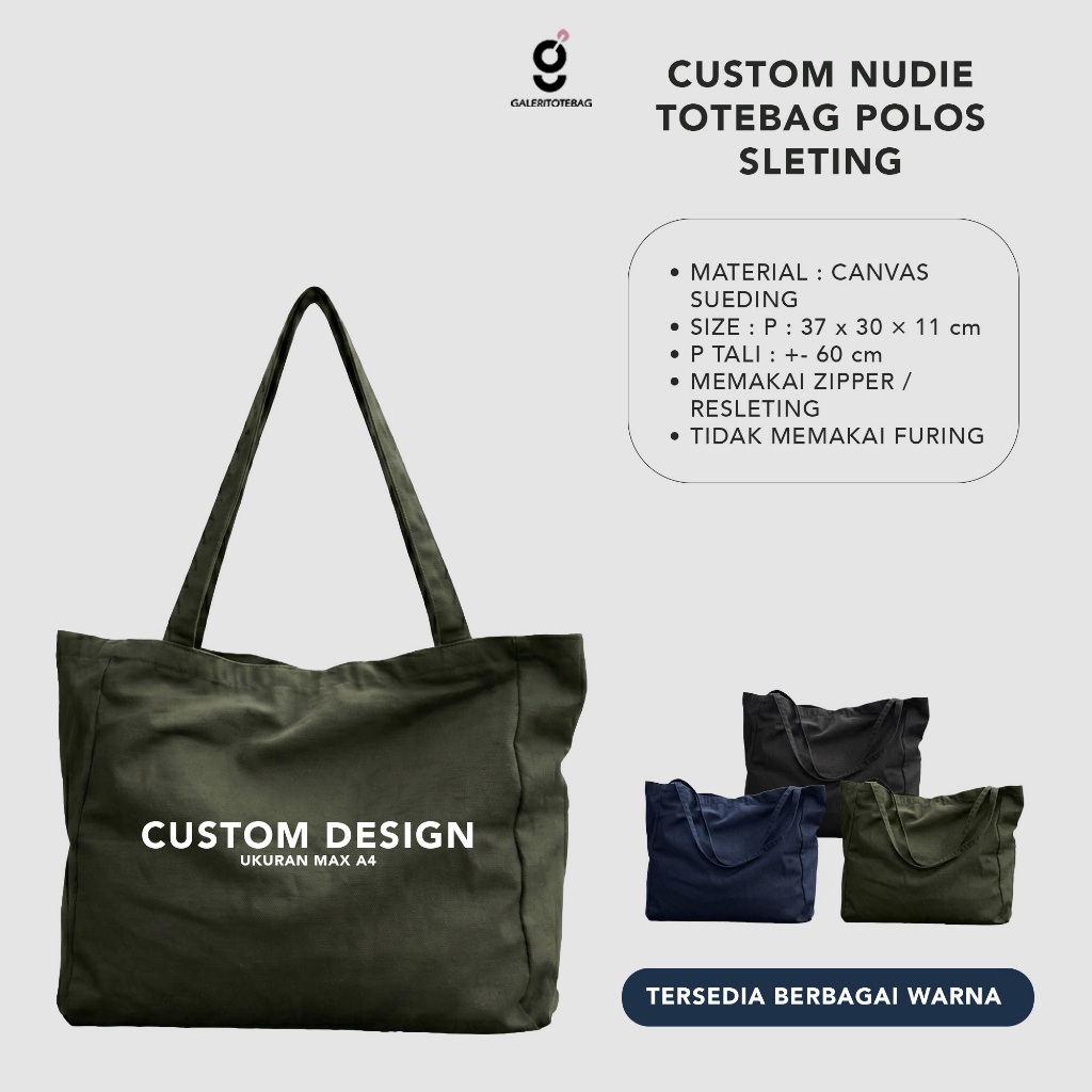 Custom Design dan Sablon Totebag Polos Kanvas Sleting Tote Bag