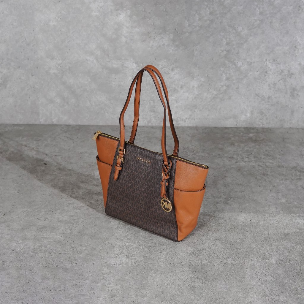 Tas MK CHARLOTTE SIDE POCKET MONOGRAM BROWN CAMEL ZIP TOTE BAG 100% ORIGINAL