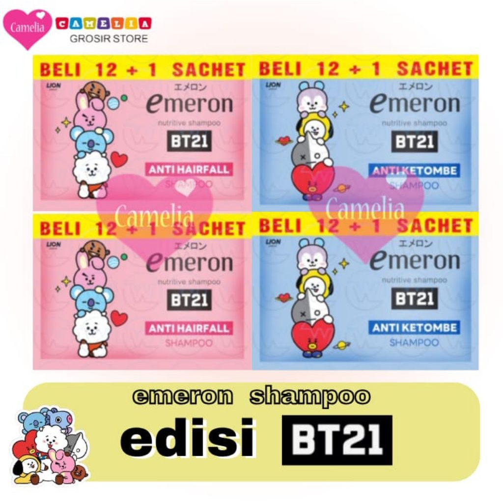 Emeron Shampo BT21 Edisi Anti Hairfall & Anti Ketombe -isi 12 Sachet - Nutritive Shampoo untuk Keseh