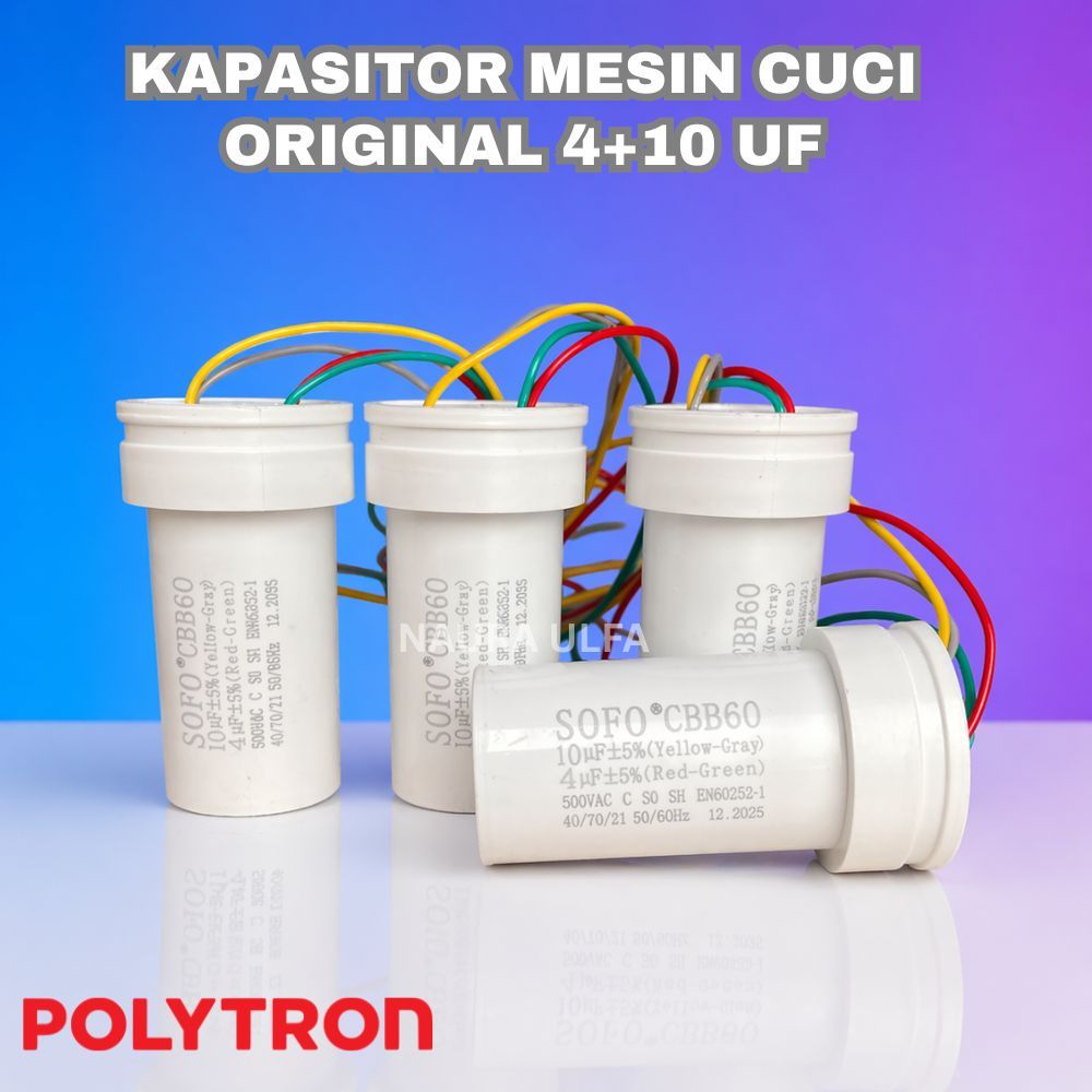 Kapasitor Mesin Cuci 2 Tabung Polytron 4+10uF, Tipe CBB60, 450-500VAC