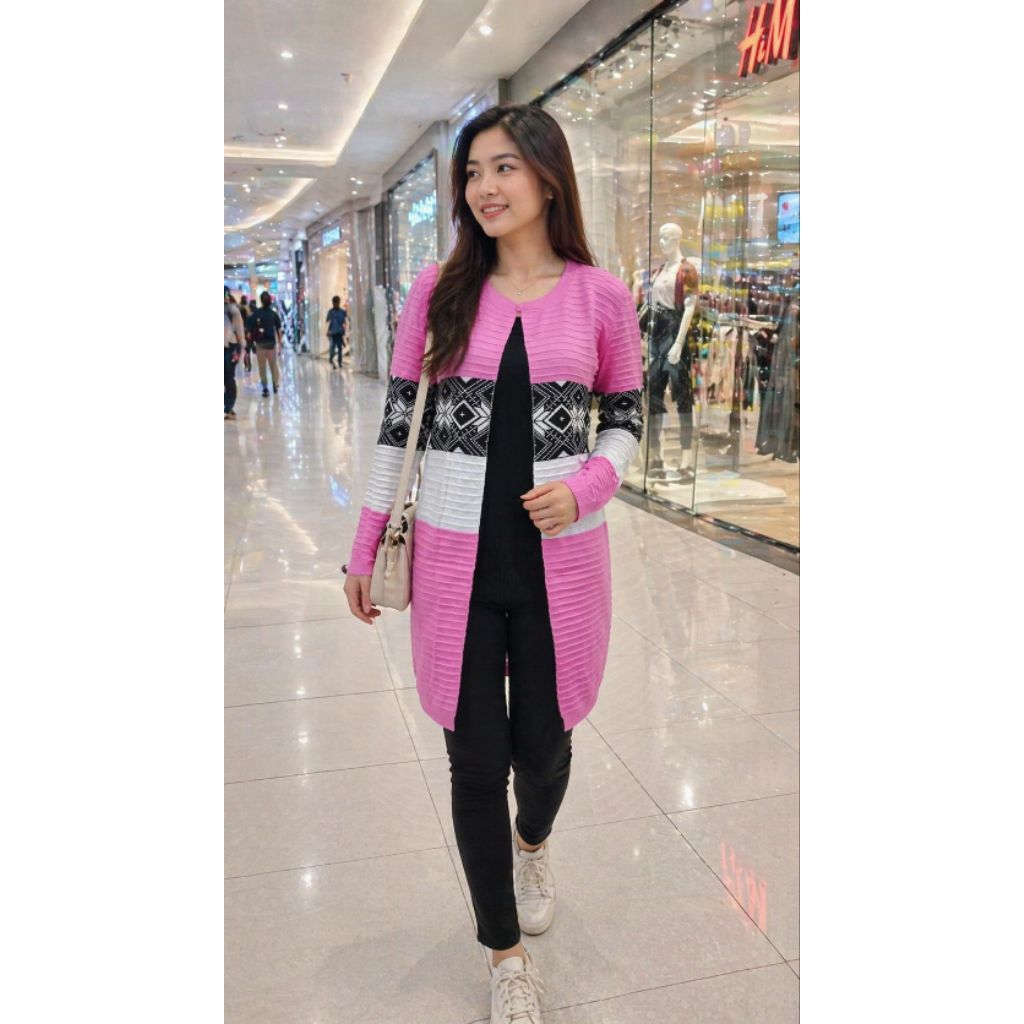 Long Cardigan Wanita Rajut Premium Motif Etnik