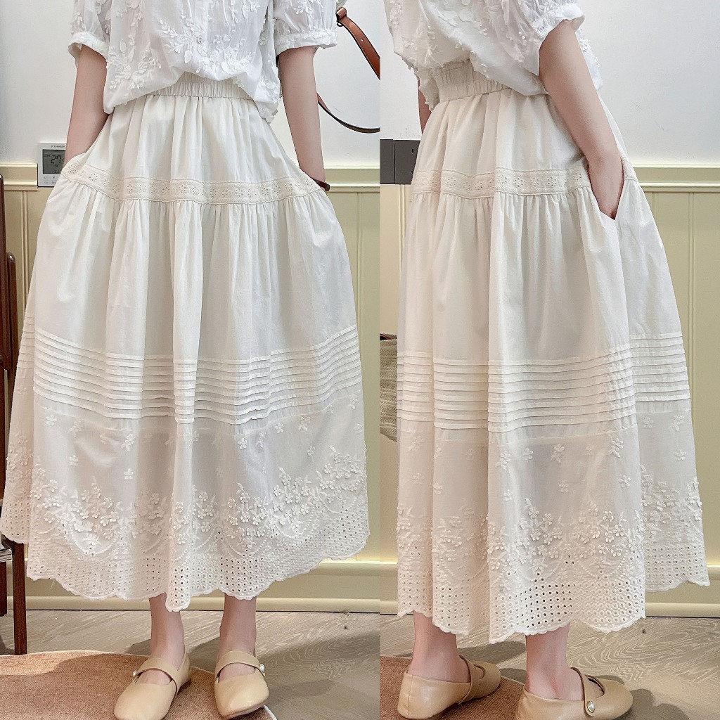 ROK KATUN IVORY PUTIH GADING HEM BORDIR EYELETS & APLIKASI BUNGA 3D KOREA IMPORT