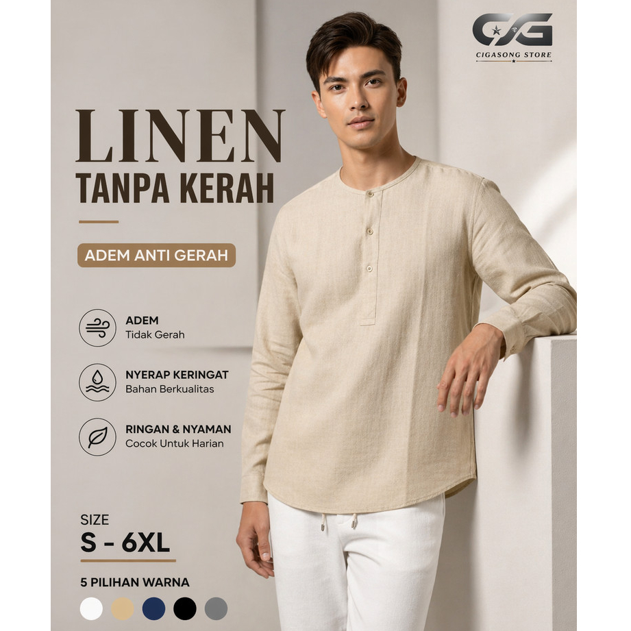 Kemeja Linen Pria Tanpa Kerah Premium S-6XL