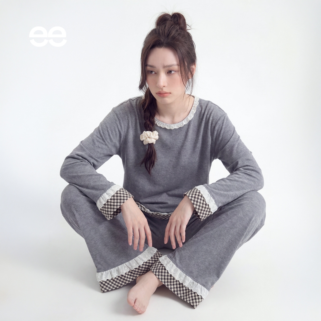 HeySleep 45 | Gingham Lace Ruffle Pajamas Set | Setelan Piyama Wanita Lengan Panjang Celana Panjang 