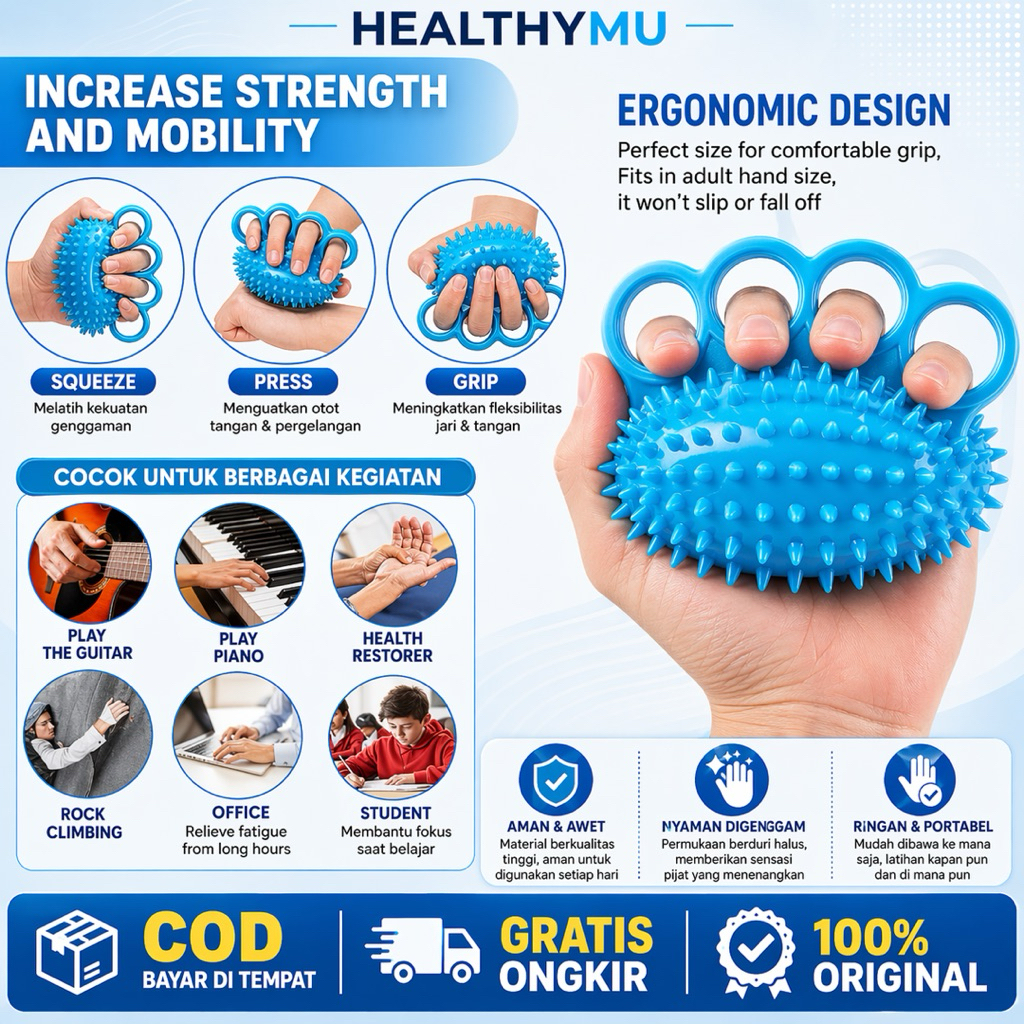 Bola Terapi Tangan Stroke Berduri TPR Meningkatkan Sirkulasi 12x9x2.5cm Biru | Bisa COD
