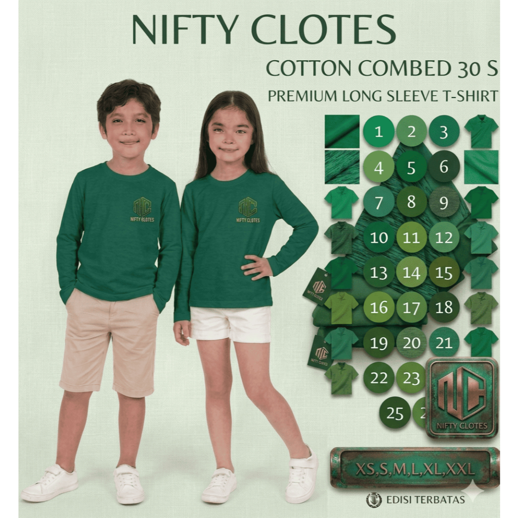 Niftycloth Kaos Polos Anak Lengan Panjang Hijau Fuji