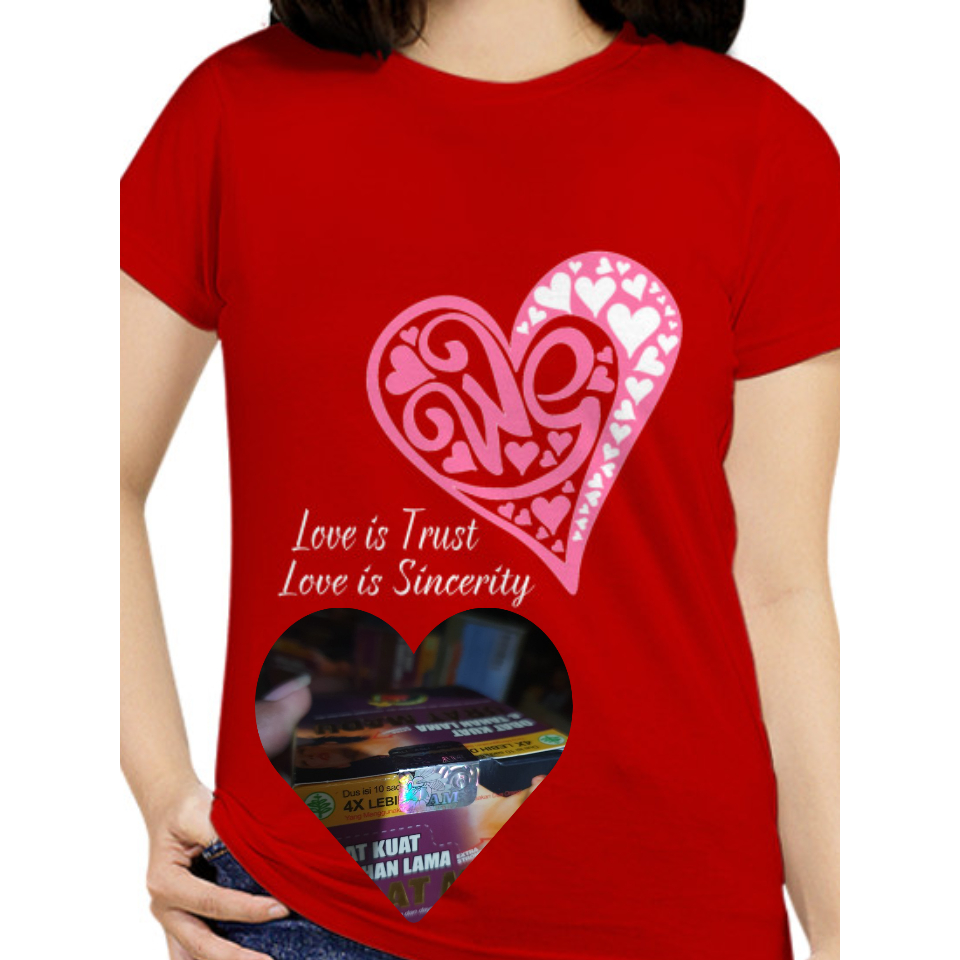 Kaos Cewek Motif Love Warna Merah Urat Original Gambar Madu Warna Merah Size 10X - KAP 20
