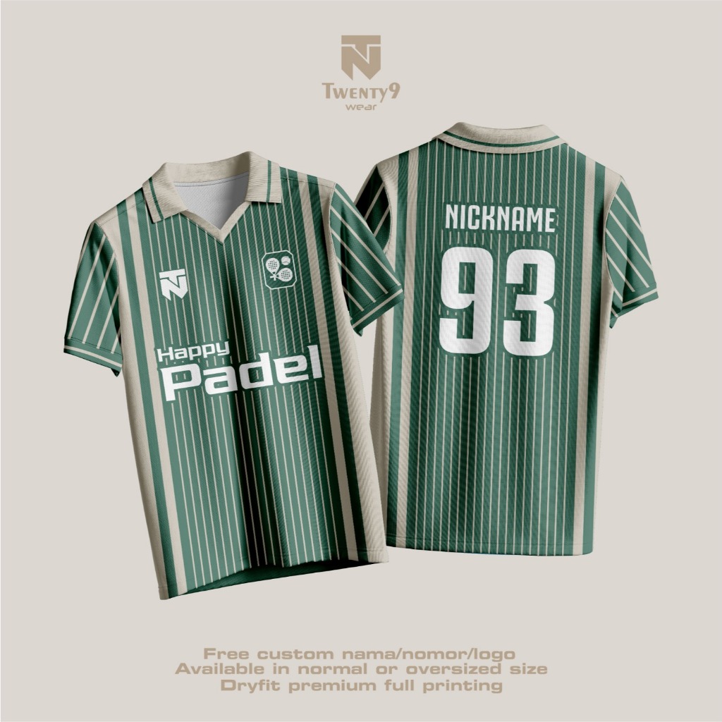 Jersey Padel Stripe Hijau Cream Kerah Polo Full Printing Unisex Custom Olahraga Padel/Tenis/Badminto