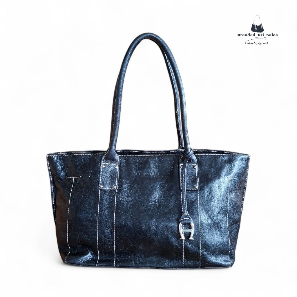 TAS WANITA AGNER VINTAGE BLACK LEATHER TOTE BAG