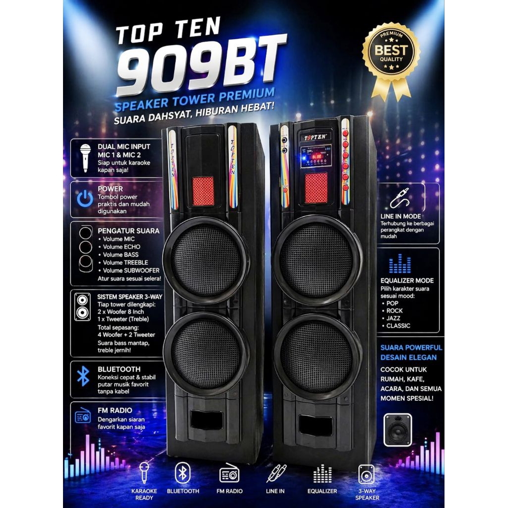 speaker bluetooth dan aktif woofer Topten SB-909BT ( 2 Wofer ukuran8 inch)