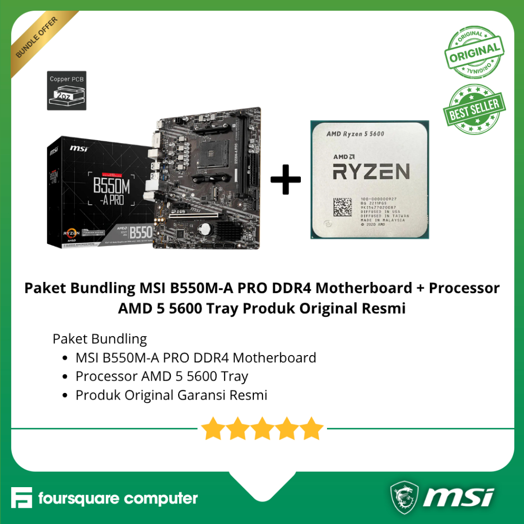 Paket Bundling MSI B550M-A PRO DDR4 Motherboard + Processor AMD 5 5600 Tray Produk Original Resmi