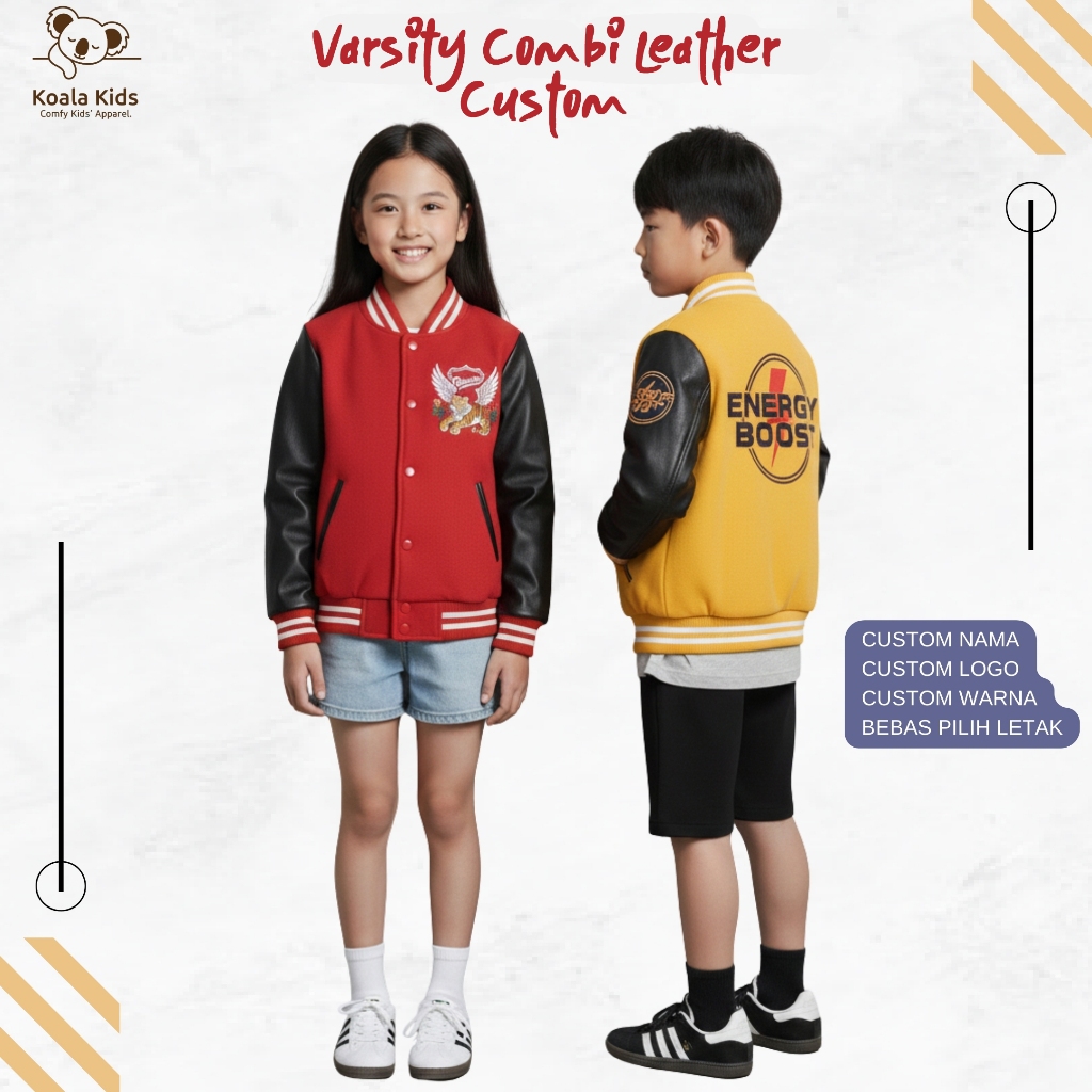 Jaket Varsity Anak Custom Koaala Kids – CVC Fleece Premium 280gsm, Lengan Leather Indigo, Sablon/Bor