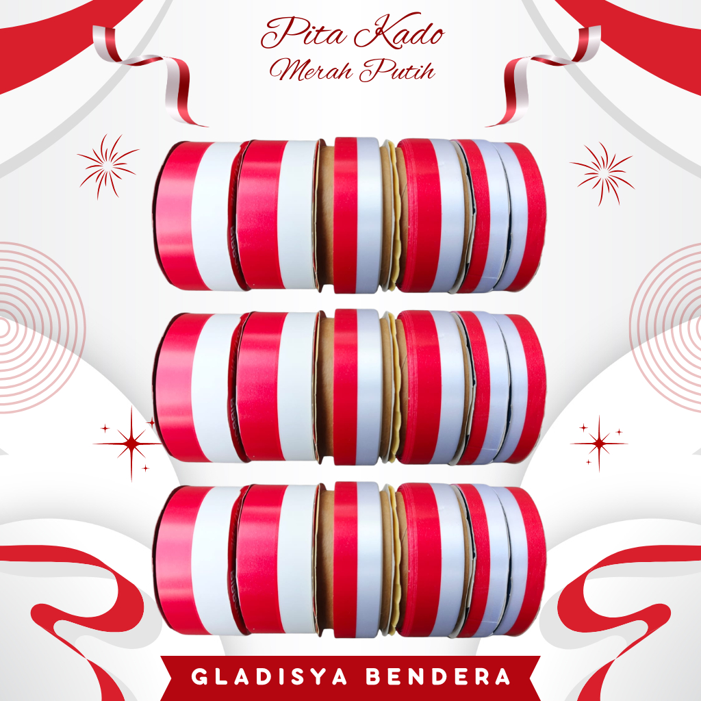 1 Meter Pita Kado Merah Putih Uk 2cm 2,5cm 3,8cm | Pita Bendera Merah Putih 20mm 25mm 28mm | Pita Ka