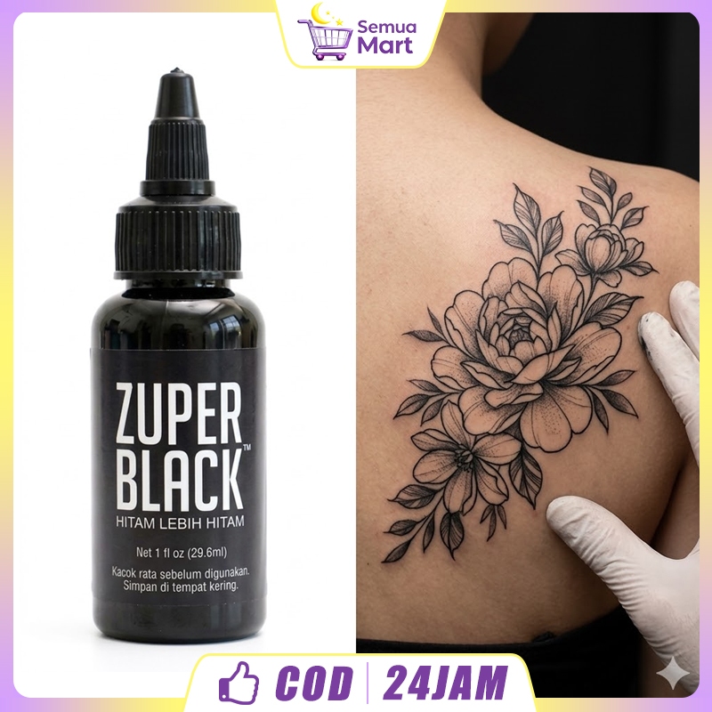 Tinta Tatto 35ml Zuper Black Pigment Tato Profesional Aman Tidak Iritasi Black Ink Tattoo Pigmen