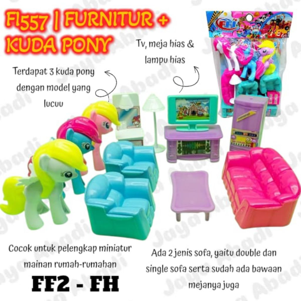 FI557 | MAINAN BONEKA FURNITUR MEJA KURSI SOFA BERBI + KUDA PONY