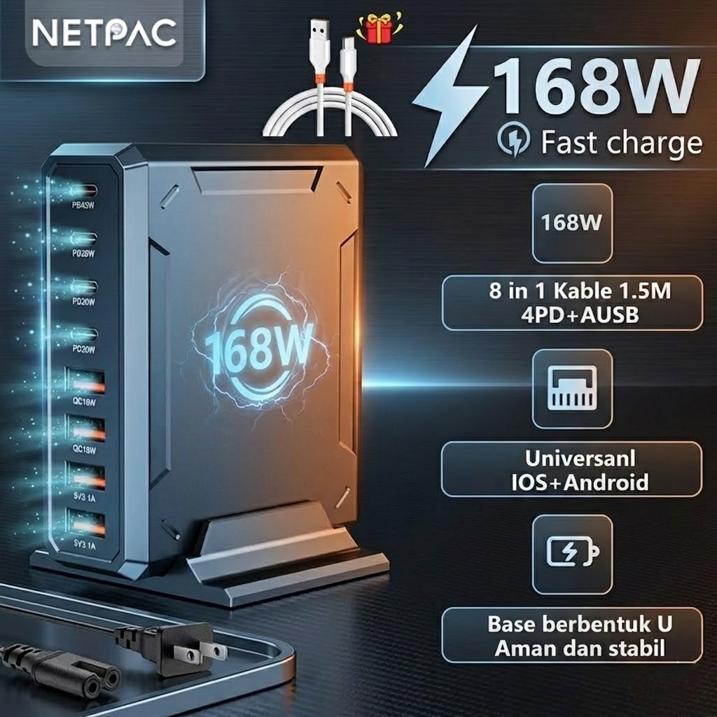 Homeyvibes Netpac Ae20 Adaptor Charger 168W Super Fast Charging 8 Port Desktop Charger Station For