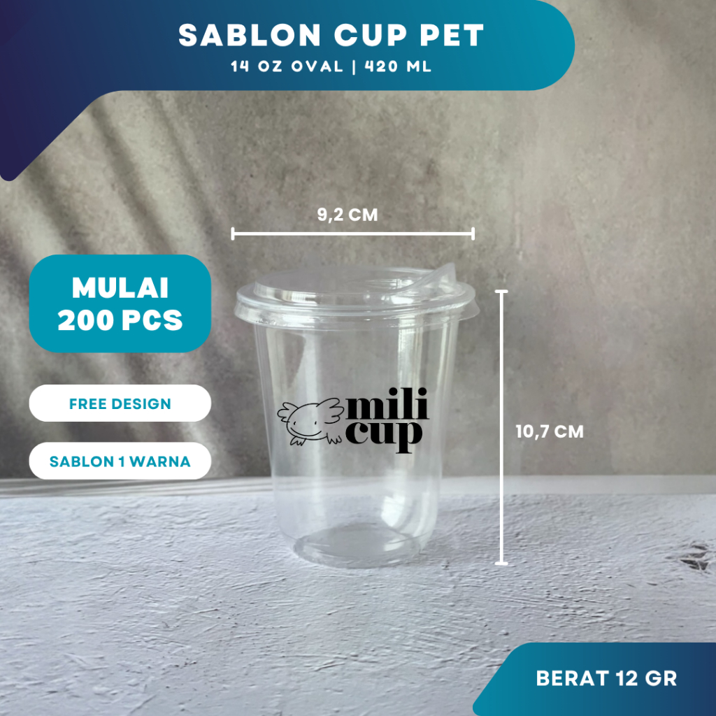 Sablon Gelas Cup Plastik PET 14 Oz Oval Custom Logo | Cetak Gelas Plastik Kopi Cafe Premium Tebal