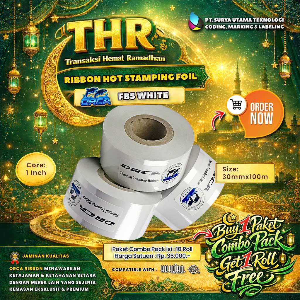 Ribbon Tape Hot Stamping Foil FB5 ORCA Putih Ukuran 30mm x 100m  Paket Combo Pack Isi 10 Roll Free 1