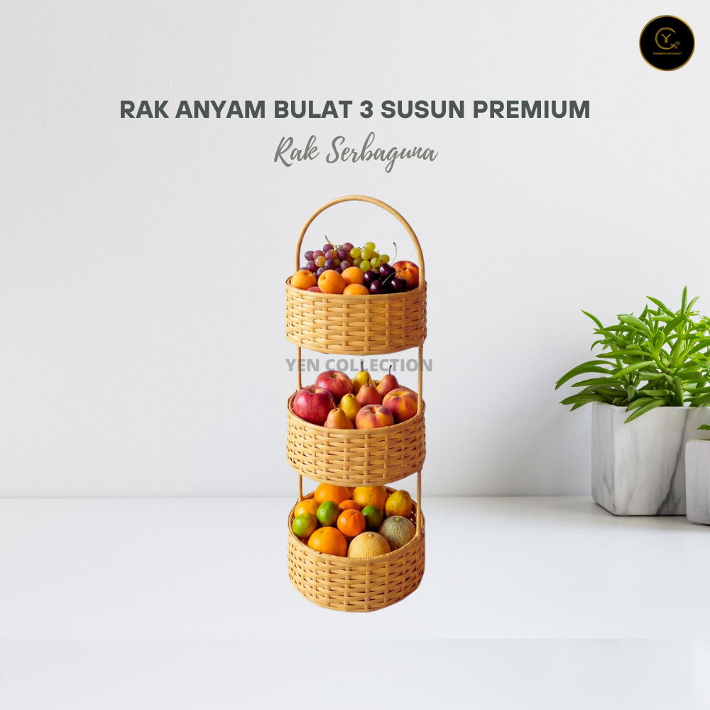 Yen Keranjang Rotan Sintetis Bulat 3 Susun Premium Penyimpanan Bumbu Dapur Rak Serbaguna