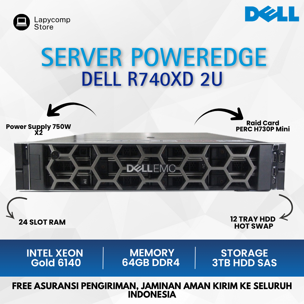 Server Pabrik/Sekolah/Konter - PC Server Dell R740XD 2U Proc Intel Xeon Gold 6140 Ram 256GB Hdd 3TB