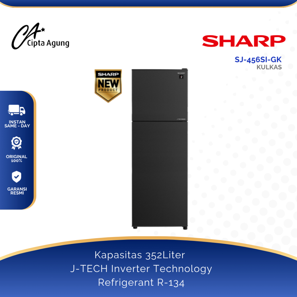 SHARP KULKAS 2 PINTU 352 L SJ-456SI-GK SJ 456 SIGK SJ456 SIGK 456SIGK SHINE J-TECH INVERTER SERIES
