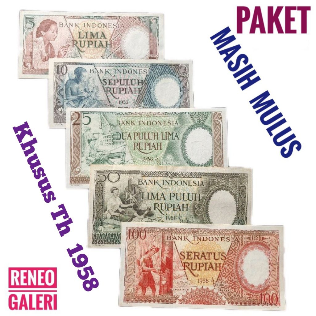 Paket 5 lembar mini set Seri pekerja Tahun 1958 Tangan Uang Kertas Kuno 5 10 25 50 100 Rupiah Rp mul