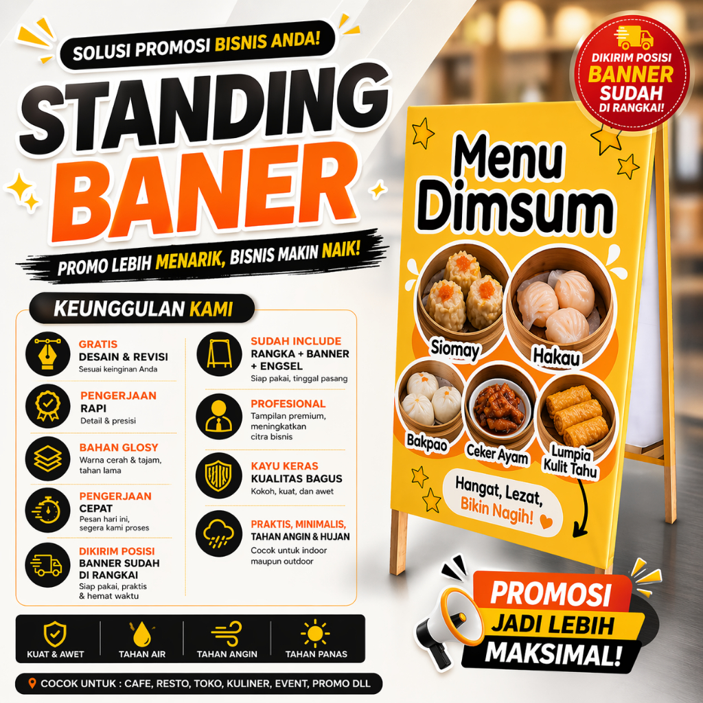 Standing Banner  60x110 cm + Rangka | Tanpa Pre Order | Gratis Desain dan Cetak | Banner segitiga pr