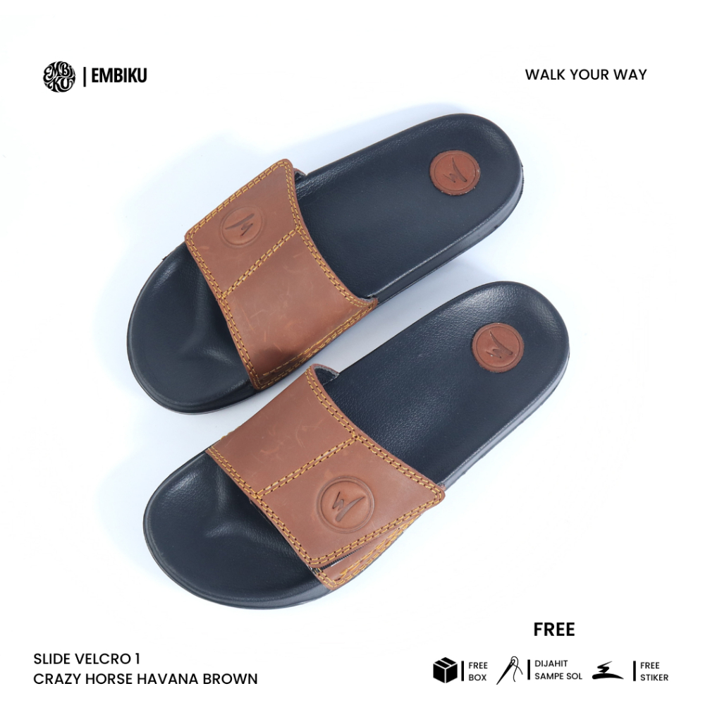 Bicunouis - Velcro Havana Brown  | Sandal Kulit Pria | Sendal Slide Slipon Kulit Sapi Asli | Slipper