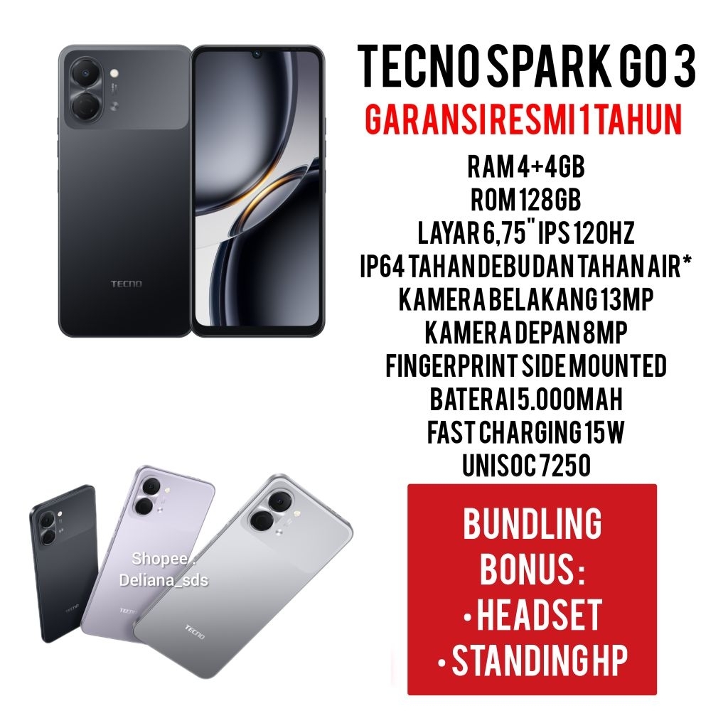 Tecno Spark Go 3 4/128 4+4/128 8/128 Garansi Resmi 1 Tahun Tecno Spark Go 3 4+4/128 Tecno Spark Go 3