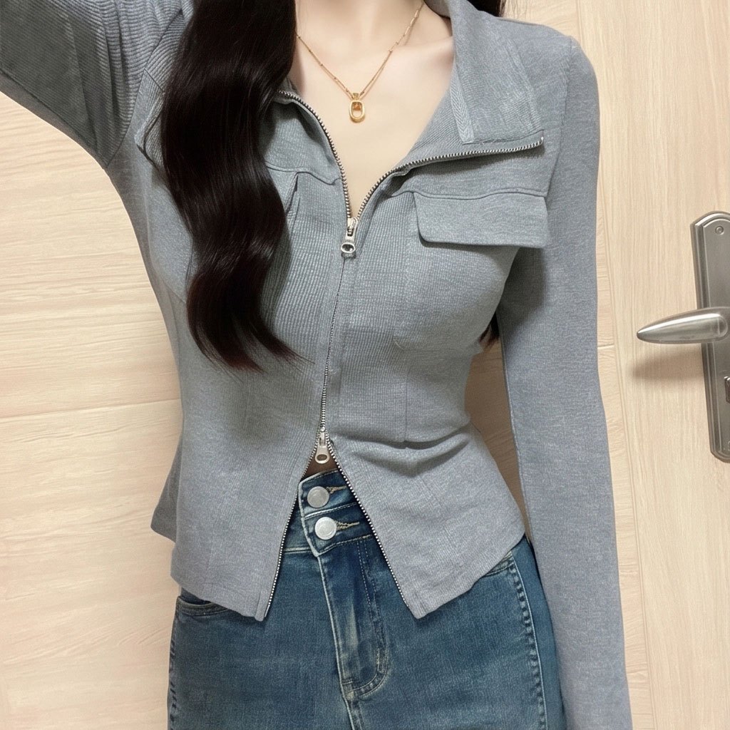 Atasan Wanita Polo Neck Resleting Slim Fit Abu-Abu Crop Lengan Panjang Stylish