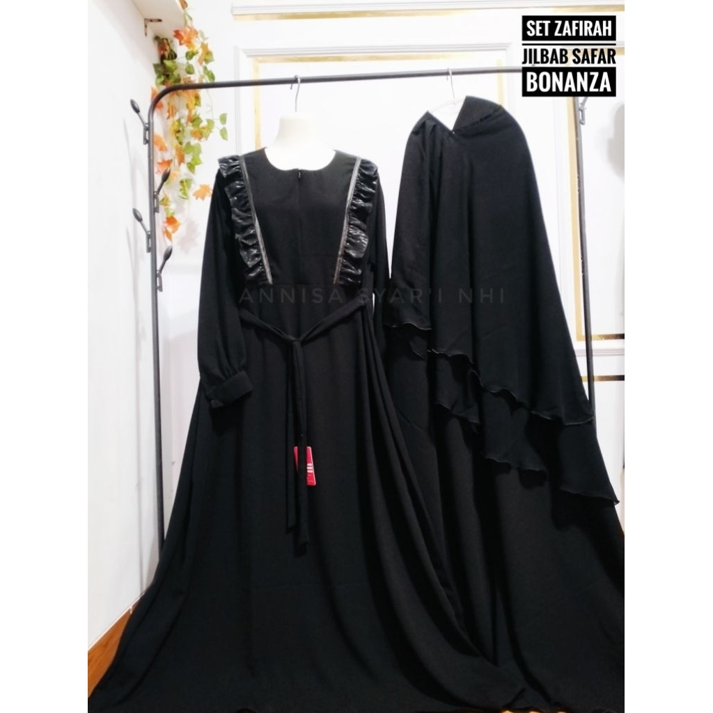 [BISA COD] Set Gamis Model Zafirah + JILBAB Cadar Safar  jetblack Bonanza Hitam by Annisa syar'i NHI