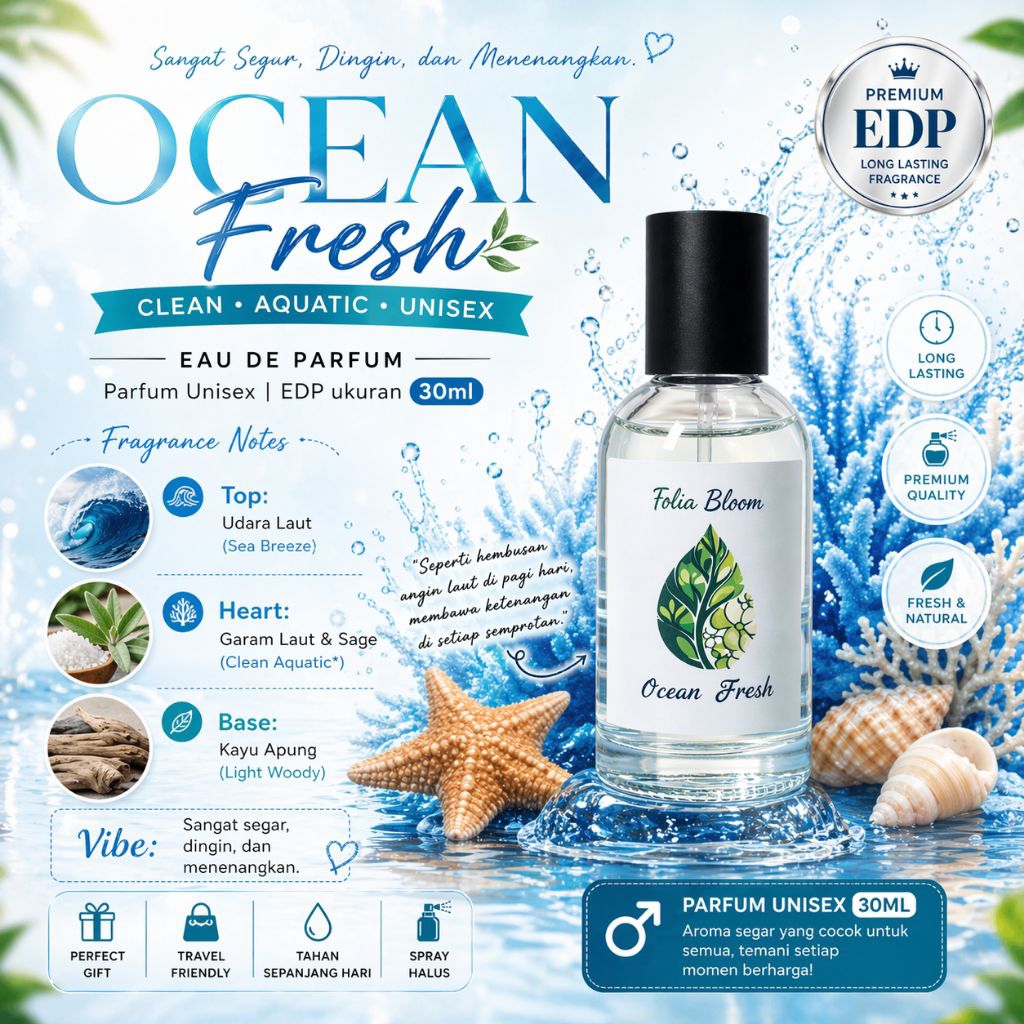 Ocean Fresh | Folia Bloom - Eau de Parfum Unisex, Kesegaran Alami dalam Genggaman.Parfum Murah | Par