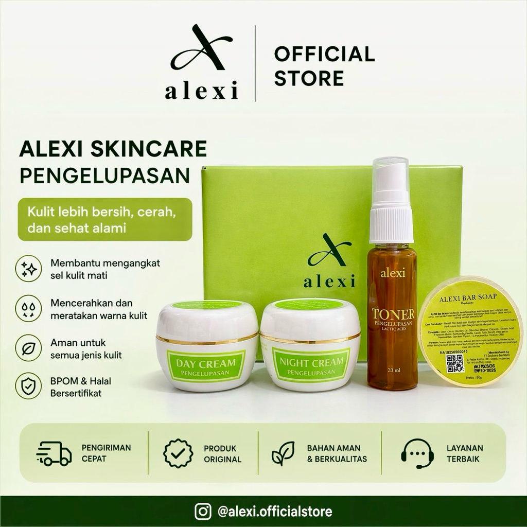 ALEXI PENGELUPASAN SKINCARE BPOM | Perawatan Wajah Kusam Acne Flek Jerawat Komedo Dark Spot Melasma 