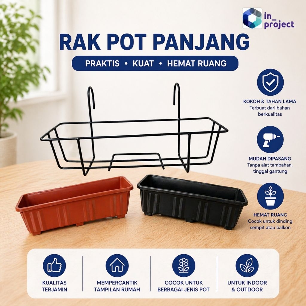 Rak Gantung Besi Untuk Pagar/Balkon dan rak pot tempel + Pot Panjang Ukuran 50 - Hitam+Pot Marun