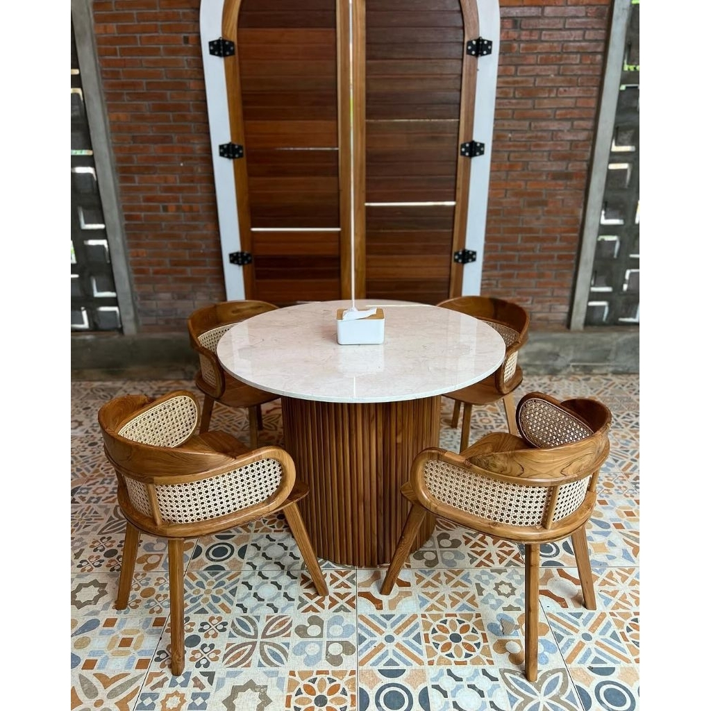 set meja makan marmer bulat 4 kursi furniture jati jepara