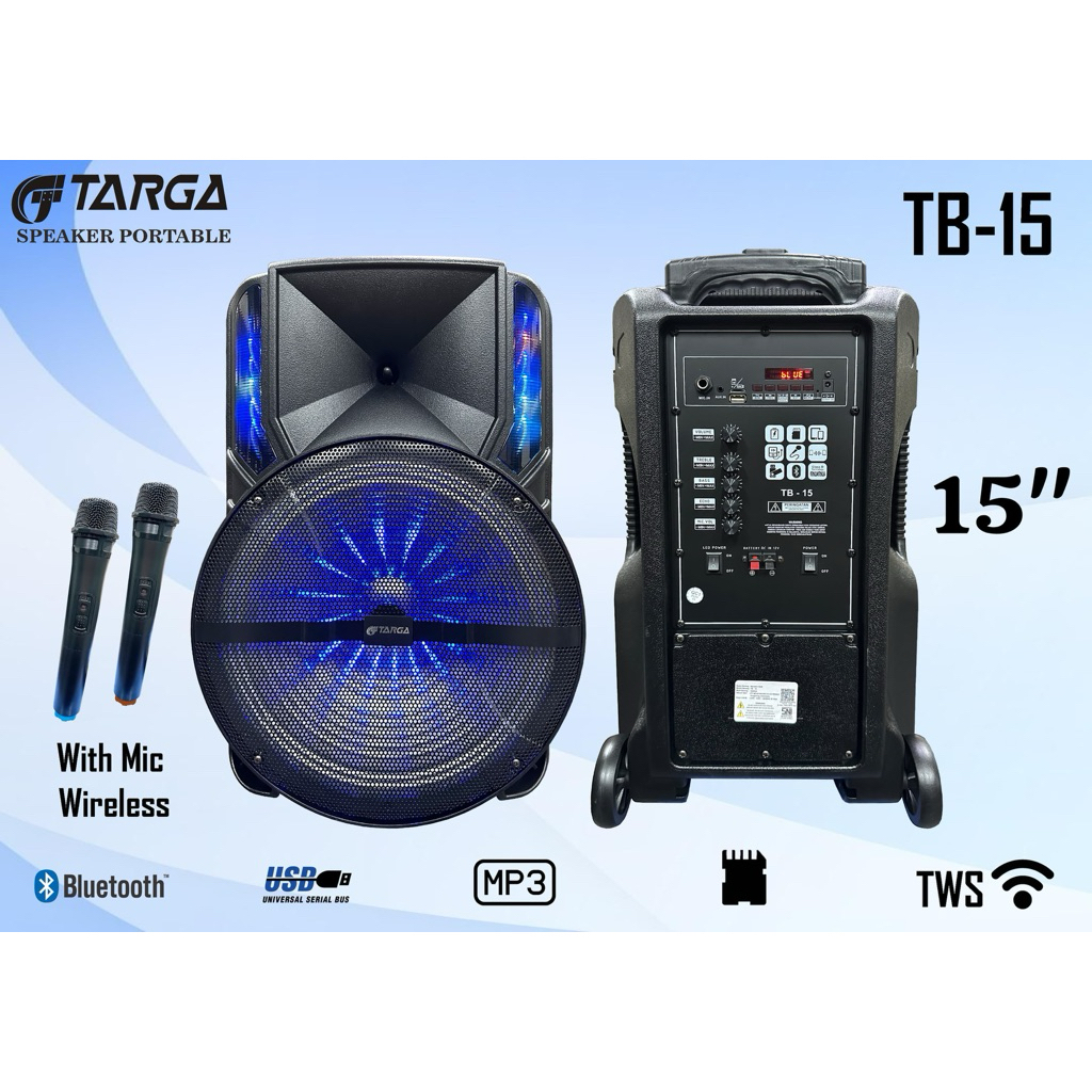 Speaker Aktif Portable Targa TB15 TB-15 TB 15 Original 15 inchi Plus 2 Mic Genggam Wireless