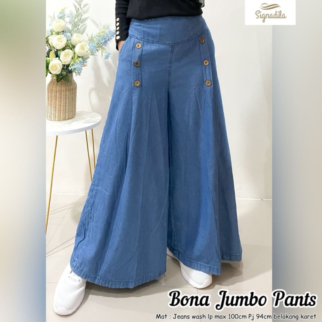 Signadila Celana Jeans Palazzo Bona Jumbo Pants Jeans Wash Premium Pinggang Belakang Karet Lingkar m