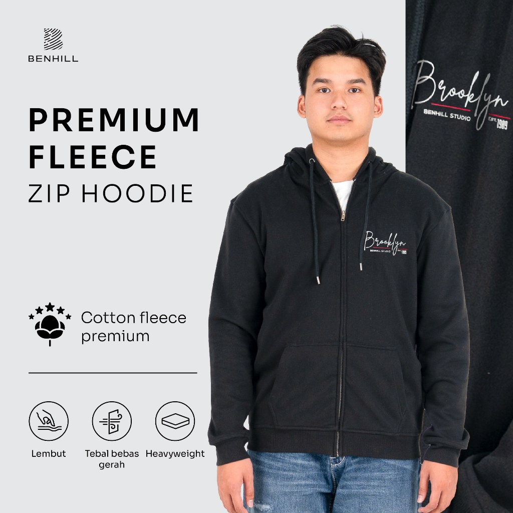 BENHILL Jaket Zip Hoodie Fleece Premium Black Graphic Pria Lengan Panjang