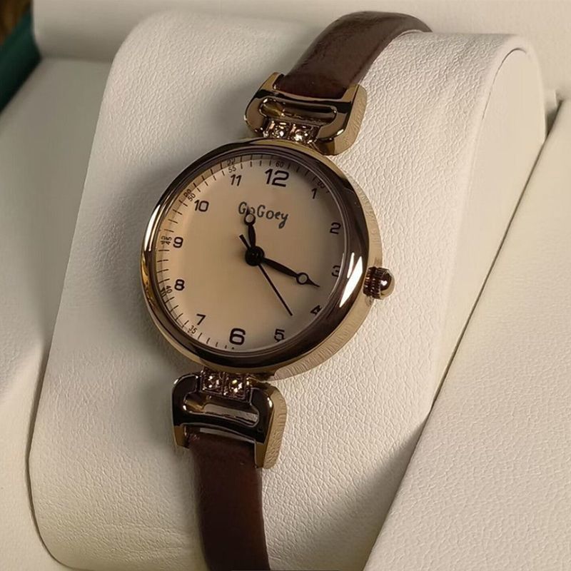 Jam Tangan Wanita Gogoey Tali Kulit Asli Analog Vintage Korea Elegant Anti Air Jam Casual Quartz Wom