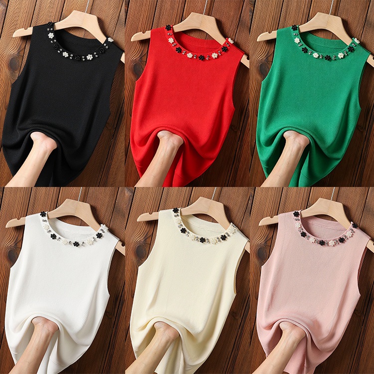 |kekinian.factory| Bulat Neck Tanktop Rajut Tanpa Lengan Bulat Berhiaskan Manik-Manik Ukuran Besar u