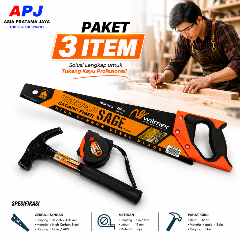 PAKET TUKANG MURAH - Gergaji Kayu Baja Asli Siap pakai- Palu kambing Gagang Besi , Meteran Viper - g