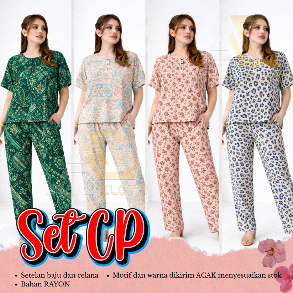 PAKET 3 PCS SETELAN PANJANG - cp panjang rayon - setelan baju tidur lengan pendek - piyama rayon kek