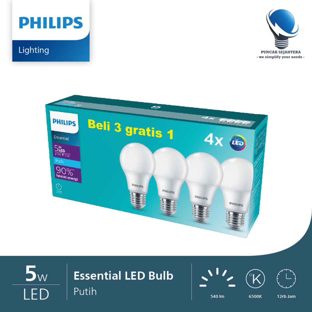 Lampu LED Philips 5w 5 watt Essential Multipack 3 gratis 1 ( ISI 4 PCS ) ORIGINAL dan BERGARANSI RES