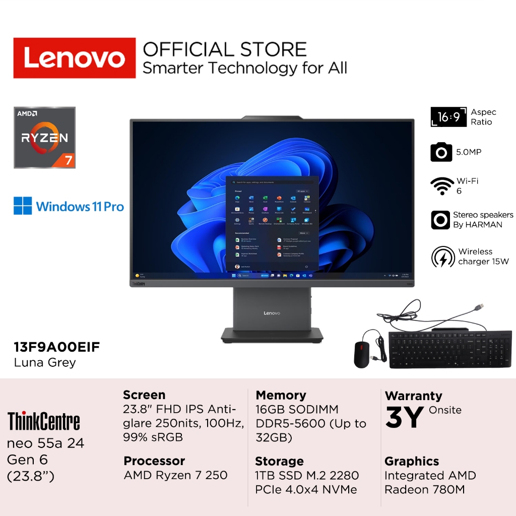 Lenovo PC ThinkCentre AIO neo 55a 24 Gen 6 0EIF AMD Ryzen 7 250, Integrated AMD Radeon 780M Graphics