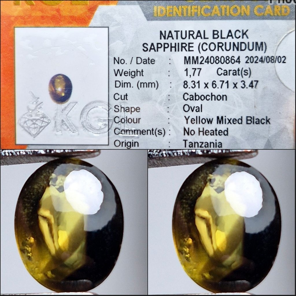 Natural Black Sapphire NoHeated 1.77 crt bangsing windusara fatwa cempaka belang Fancy Bicolor Yello