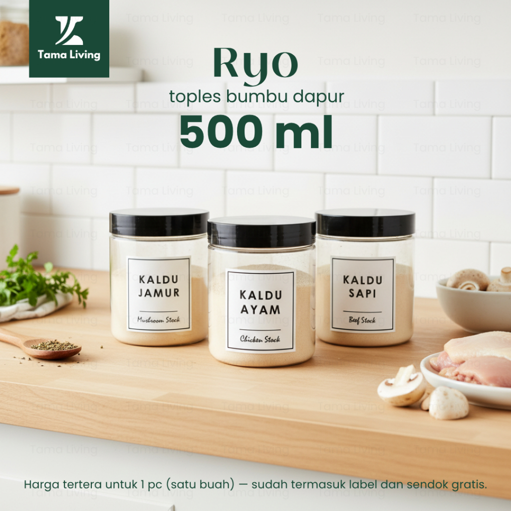 TAMA LIVING Ryo Toples Bumbu Dapur 500 ml Tutup Hitam Tepung Gula Kopi Toples Dapur Food Grade