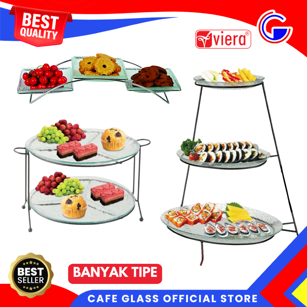 Viera Serving Tray Prasmanan Set - Piring Saji Kaca Oval Rak Susun - Tempat Kue Cake Stand Display G